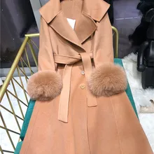 Высококачественное двухстороннее кашемировое пальто с натуральным лисьим мехом на манжетах, повседневное женское длинное пальто с поясом