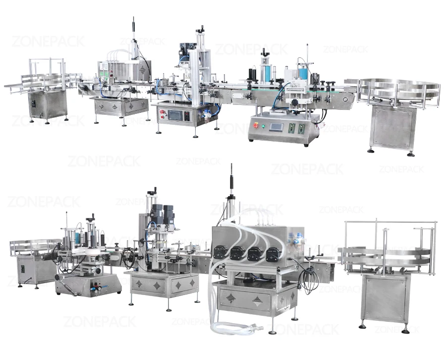 ZONEPACK Tabletop Automatic E-juice Beverage Solvent Peristaltic Pump Filling Capping Labeling Machine for Production Line