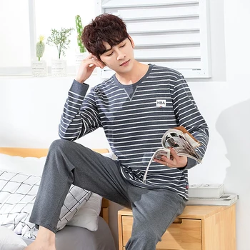 

Autumn Winter Men's Cotton Pajamas Letter Striped Sleepwear Cartoon Pajama Sets Casual Sleep&Lounge Pyjamas Plus Size 3XL