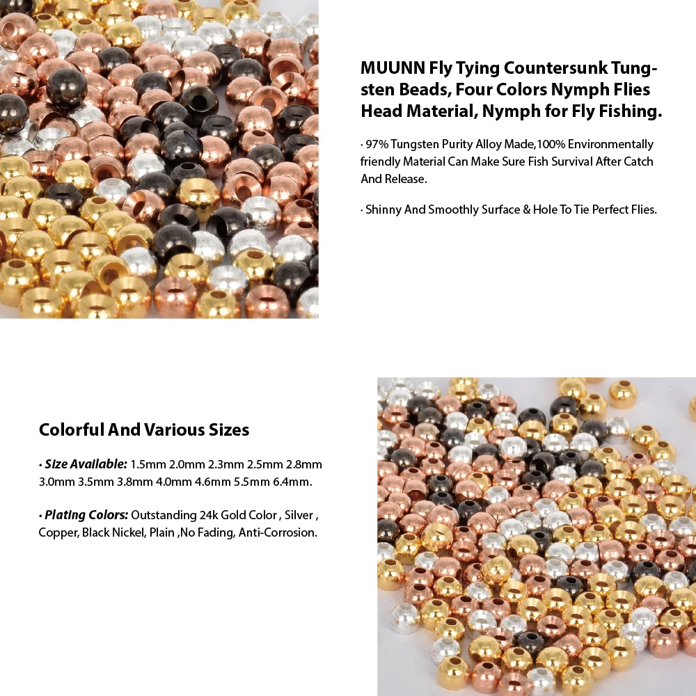 MUUNN 200pcs 3.8-6.4mm Fly Tying Countersunk Tungsten Beads ,Four Colors Nymph Flies Head electroplateshing Accessory Electropla