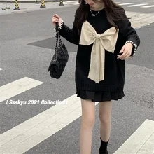 

College Style Korean Winter Sweet Girl Pullover Kawaii Big Bow Vintage Plaid Full Sleeve Loose Casual Black Knitting Sweater