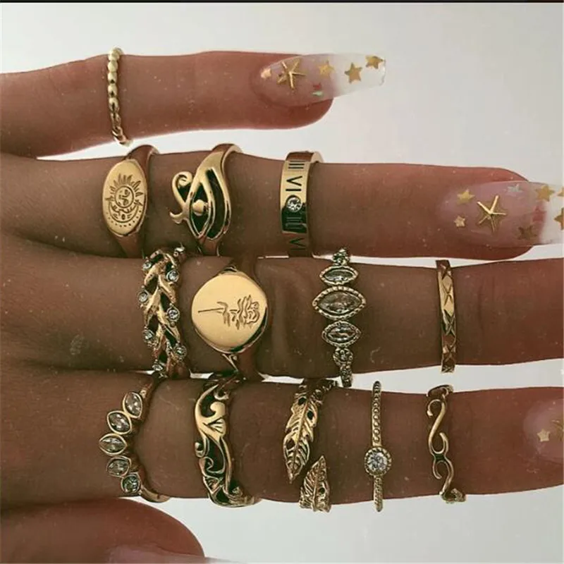 

13Pcs/Set Alloy Mosaic Rhinestones Gold Color Bohemian Joint Ring Flower Geometric Leaf Finger Rings