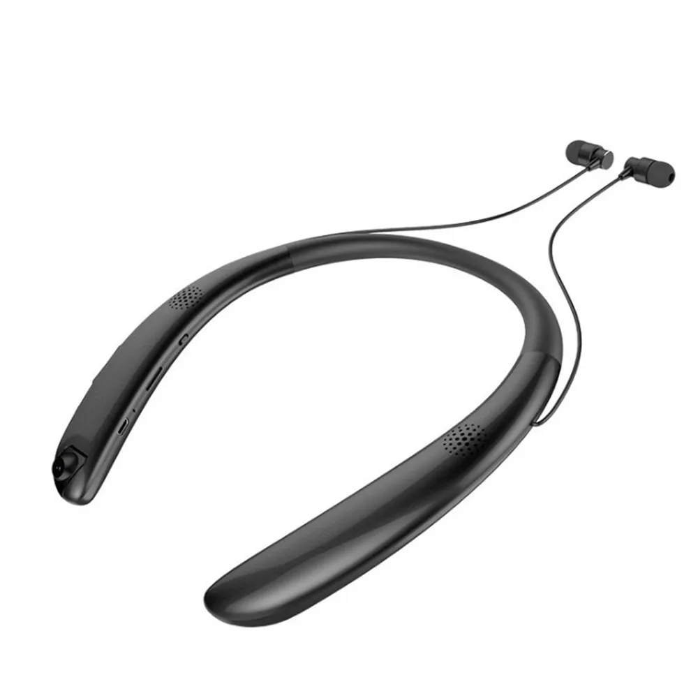 Bluetooth наушники стерео Спортивная Выдвижная Шейная беспроводная гарнитура с камерой с Bluetooth 4,1, встроенный HD микрофон - Цвет: Черный