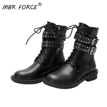 

MBR FORCE newhigh quality fabric thick bottom fashion unique belt buckle decoration ladies youth simple casual black ankle boots