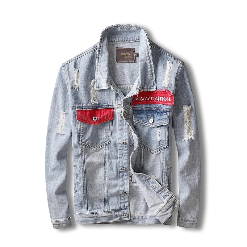 2021 New Fashion Men's Denim Jacket Patches Designer Retro Light Blue Ripped Coats Denim Jackets Streetwear Hip Hop Coat Hombre 2021 g letter fashion men s belt cowhide leather luxury brand designer casual belt high quality ceinture homme