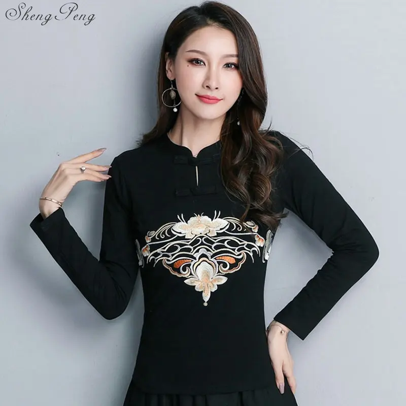 Cheongsam Топ Традиционный китайский костюм для женщин длинный рукав плюс размер 5XL рубашка хлопок винтажная одежда Топ Футболка Блузка V1696 - Цвет: 2