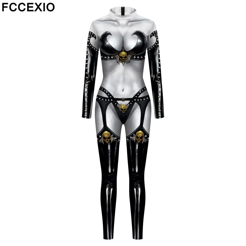 FCCEXIO Women Lady Death Print Halloween Carnival Adult Dress Spandex Jumpsuit  Long Sleeve Cosplay Onesie Outfits