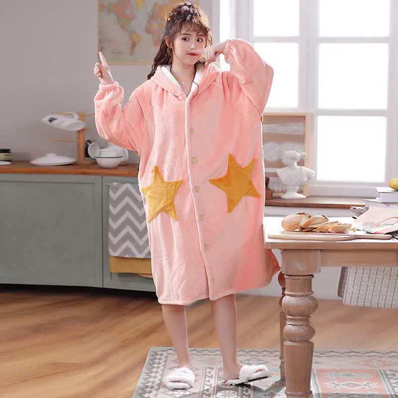 pink Ночной халат с капюшоном, зимний халат из кораллового флиса с рисунком звезды, фланелевая Ночная рубашка на пуговицах, женская утепленная Пижама - Цвет: pink