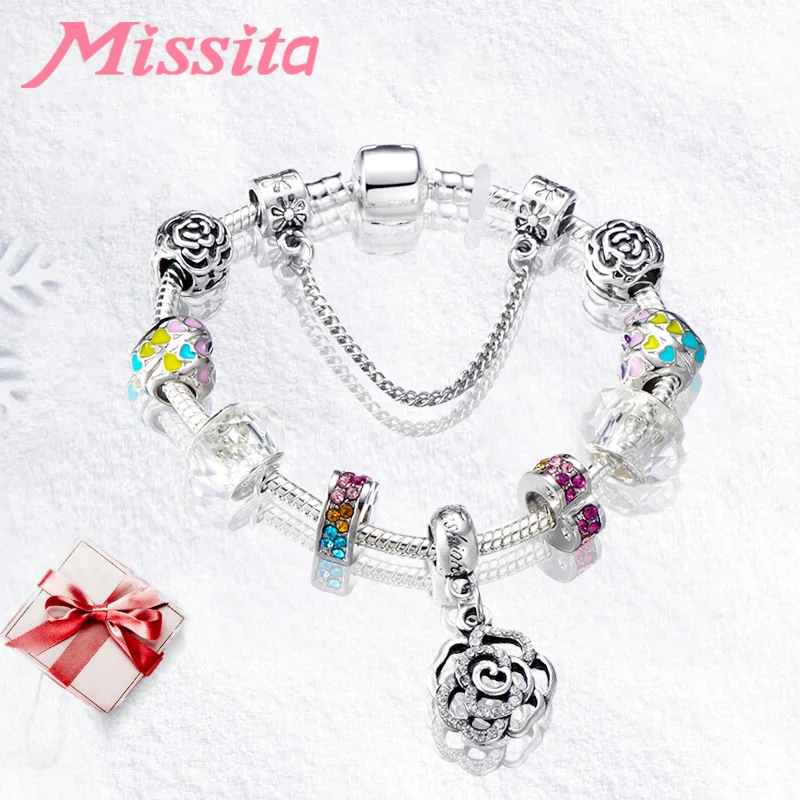 MISSITA Fashion Bracelet for Women Silver Charm Bracelet with Rose Pendant String Decoration Anniversary Gift pulseras mujer