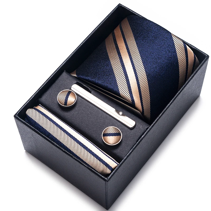 Fashion 7.5-8 cm Wide Tie Sets Black blue red Men's Neck Tie Hankerchiefs Cufflinks clip Box wedding gift silk handmade neck tie mini handkerchief