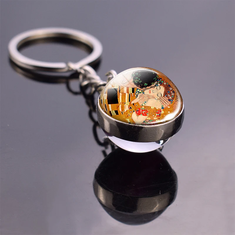 Gustav Klimt The Kiss Art Key Chain Love Pendant Double Side Glass Ball Keychain Keyring Symbolism Painting Gifts for Lover | Украшения и
