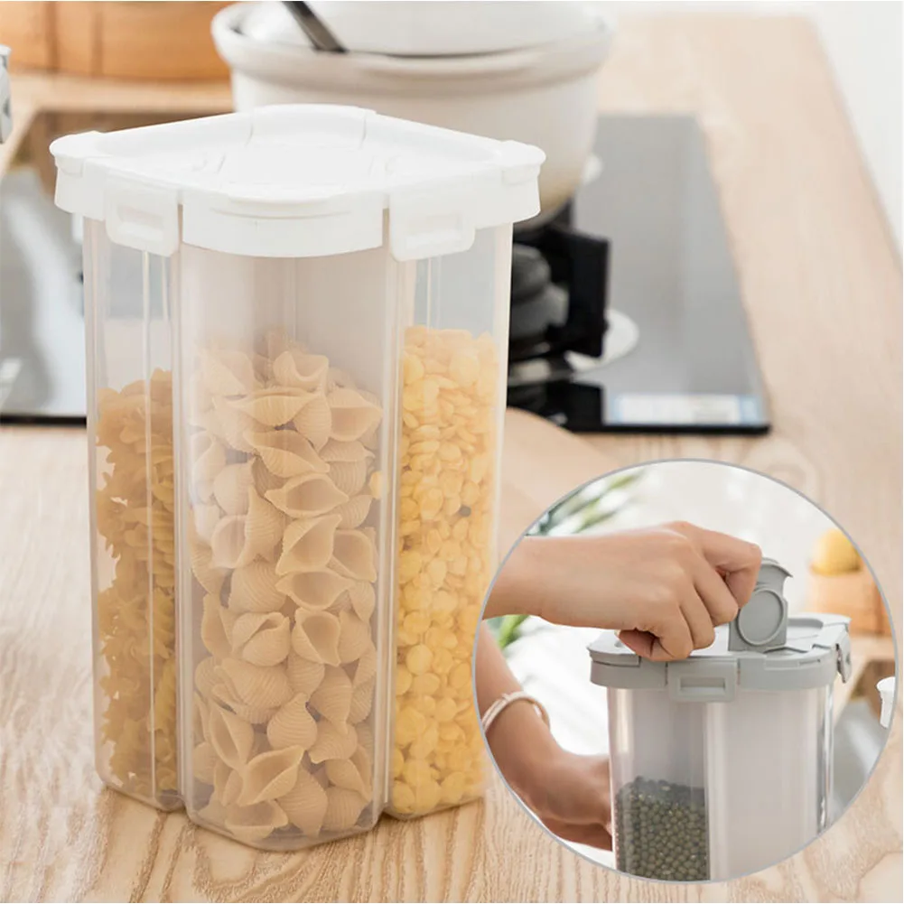 Grain Cereal Sealed Buckle Container Storage Tank Supplies Crisper Household Food 4 Compartments Anti Slip Transparent Cans