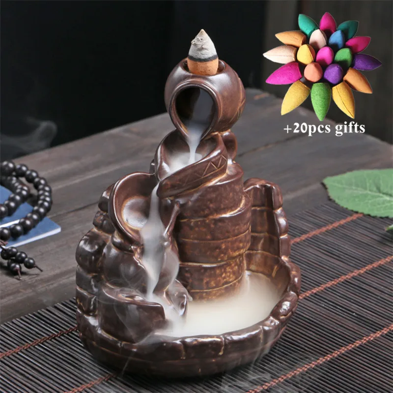Ceramic Retro Backflow Incense Burner Smoke Waterfall Stick Holder Hand Carved Gourd Censer Home Decor + 20pcs Cones | Дом и сад