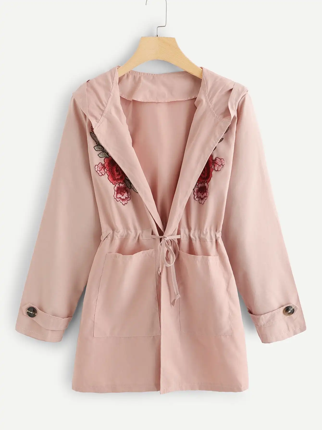 Весна, европейский и американский AliExpress, стиль, с капюшоном, отложной воротник, Цветочные наклейки, Тренч для женщин