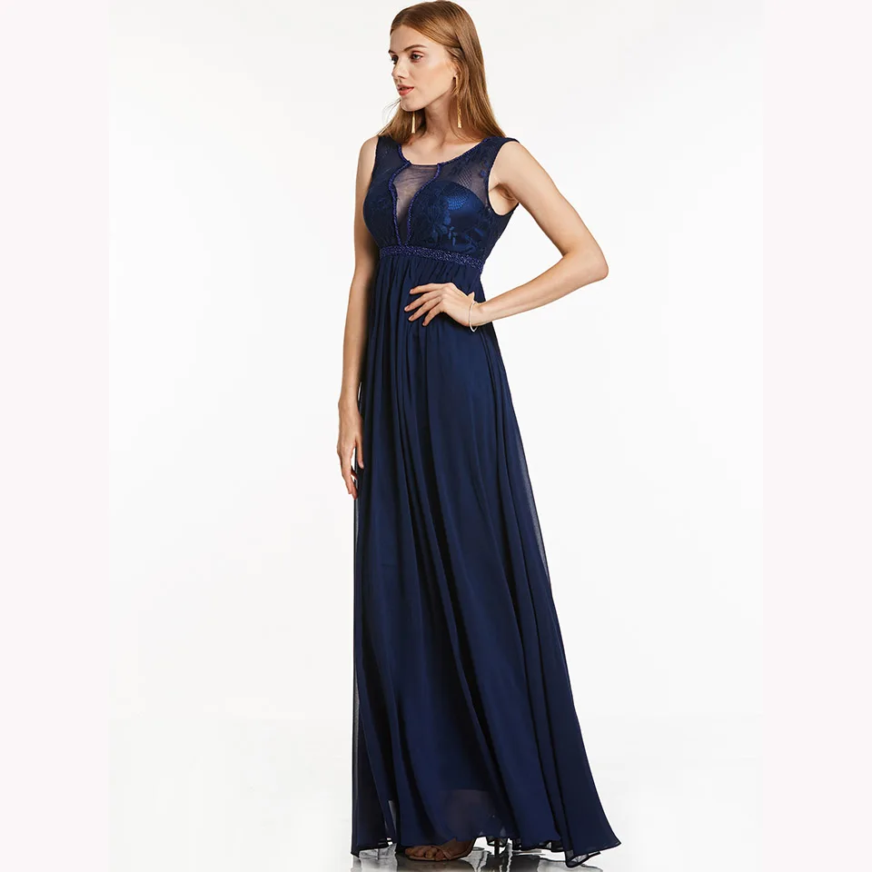 DressV Темный ярко-синий длинный недорогое вечернее платье с круглым вырезом и вышивкой бисером свадебное вечернее платье линии вечернее платье es
