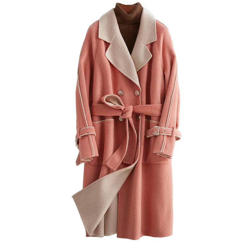 

2020 New Season Two-sided Wool Overcoat Woman Belt Long Fund Suit Lead Wool Loose Coat