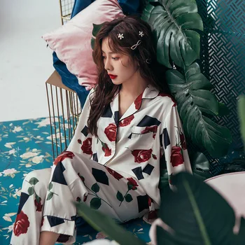 

2020 Satin Pyjamas Women Pajama Set rose flower Printed Long Sleeve Silk Sleepwear Pijama Mujer Female Night Suit