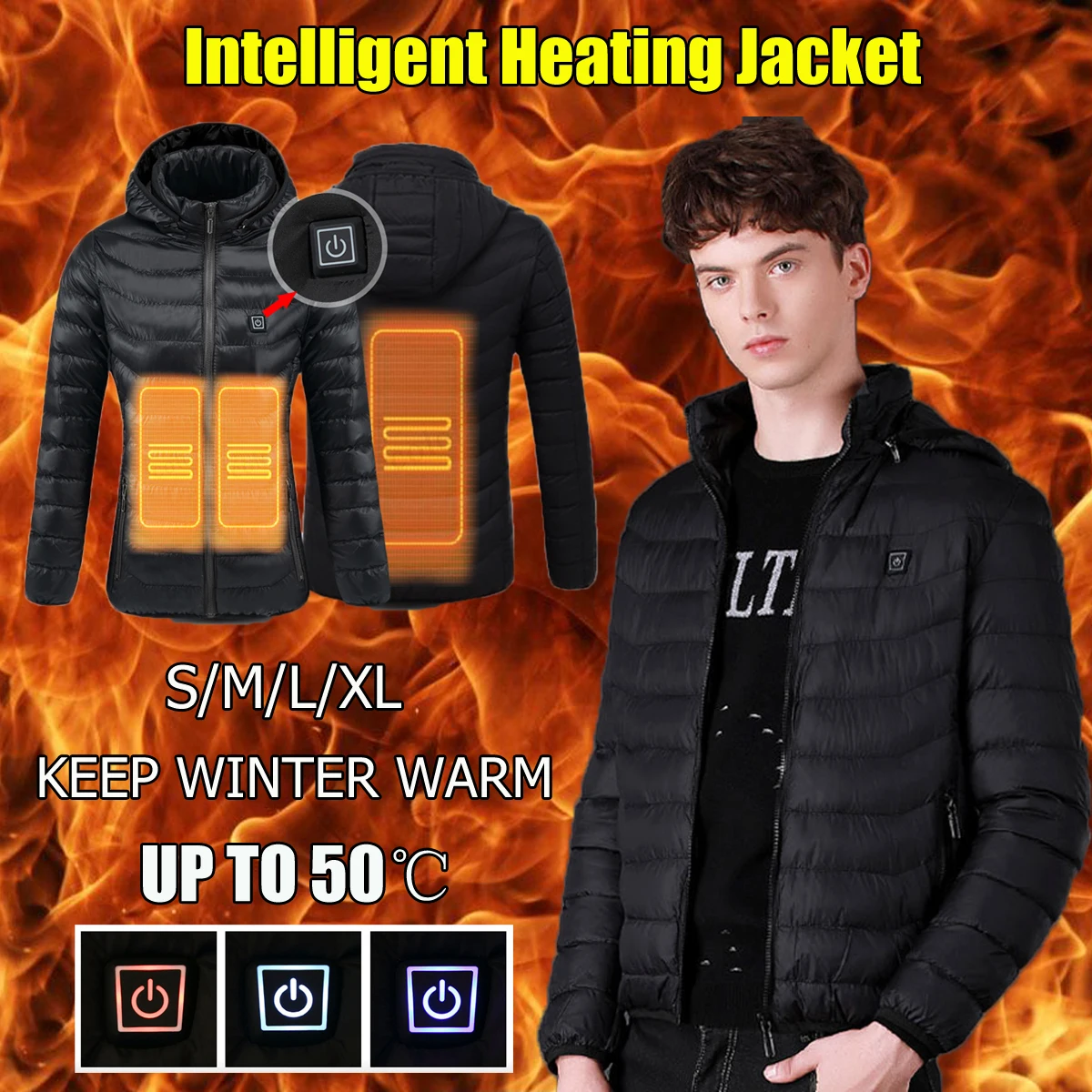 

Thermostatic Heating Jacket 3 Mode Fast Heat 1 Minute Heating USB Intelligent Coats Warm Winter Thermal Women/Men Black S/M/L/XL