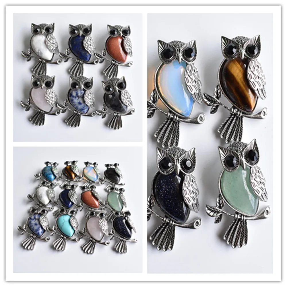 

15pcs/lot free Fashion Vintage copper Plated Owl cute natural tiger eye stone onyx opal pendants for jewelry making wholesale