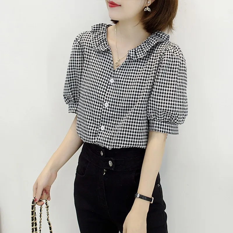 

Fashion Loose Button Down V Neck Blouse Casual Tops Women Short Sleeve Blouse Button Plaid Shirt
