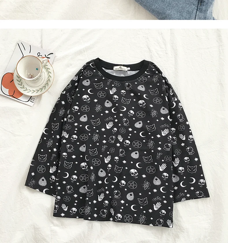 Готическая Футболка Топ в готическом стиле для женщин, Moon Witchcraft Cat, рубашки верхняя одежда с картиной хараюку, свободная футболка с длинными рукавами и черепом для девочек, лето