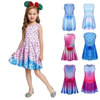 

Little Mermaid Costume Headhand Girls Summer Holiday Casual Dress Christmas Fish Scale Printed Sleevless Dresses