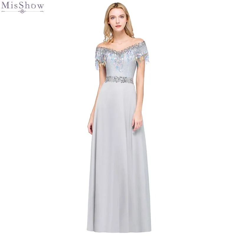 

Evening Dresses 2019 Sequined Long Formal Dress Elegant Evening Gown Off The Shoulder V Neck Party Vestidos robe de soiree