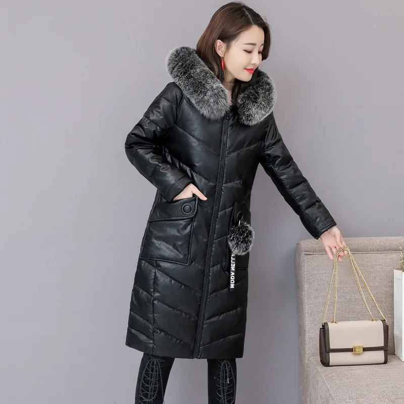 

Haining Leather Coat Brushed And Thick down Jacket Cotton-padded Clothes WOMEN'S Coat Mid-length Really Fox Fur Collar Pu Fur Cl
