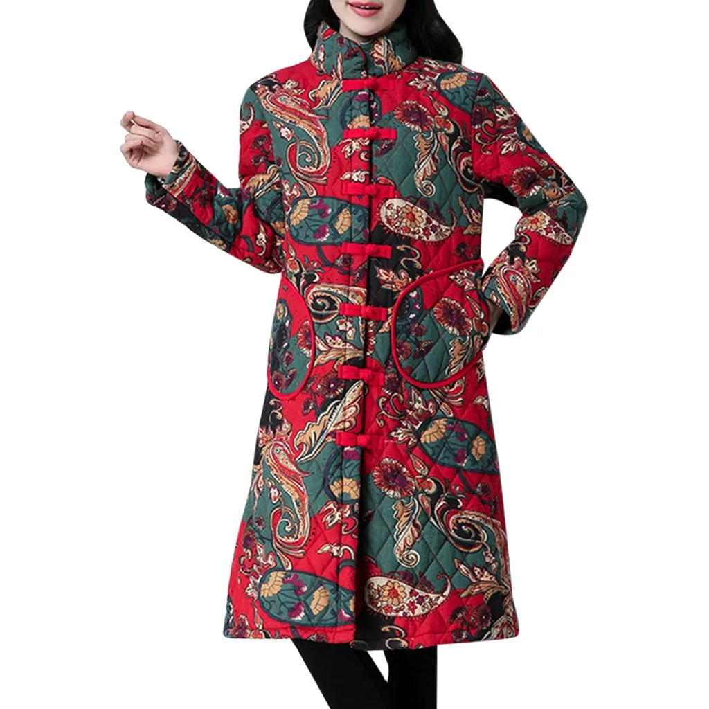 SAGACE зимнее женское теплое однобортное длинное пальто с принтом в фольклорном