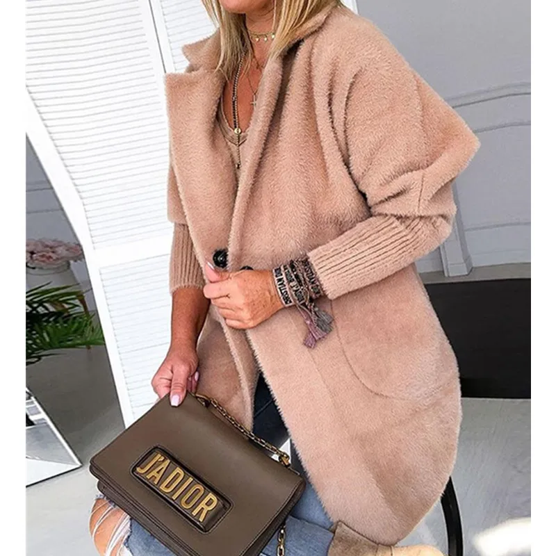 

Soft Oversize Women Winter Jacket Woman Open Front Long Fluffy Coat Casual Khaki Solid Color Cardigans Outwear