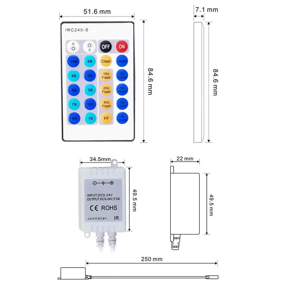 Светодиодный диммер с 24 кнопками, DC5-24V ИК-беспроводной пульт дистанционного управления для медного провода, светодиодный фонарь и Одноцветный 2835
