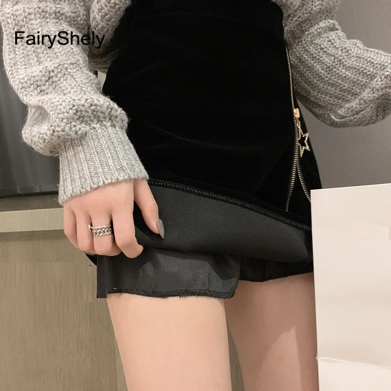 FairyShely осень зима черная мини-юбка на молнии Женская бархатная короткая юбка карандаш модная офисная юбка с высокой талией Faldas