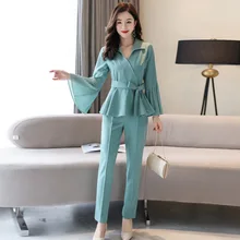 Spring Fall Business Pant Suits Women Uniform Elegant Flare Sleeve Tops Pencil Trousers Office Ladies OL Two Piece Set Pantsuit Spring Fall Business Pant Suits Women Uniform Elegant Flare Sleeve Tops Pencil Trousers Office Ladies OL Two Piece Set Pantsuit