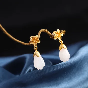 

S925 Sterling Silver Jewelry Gold-plated Women's Magnolia and Hetian Jade Earrings
