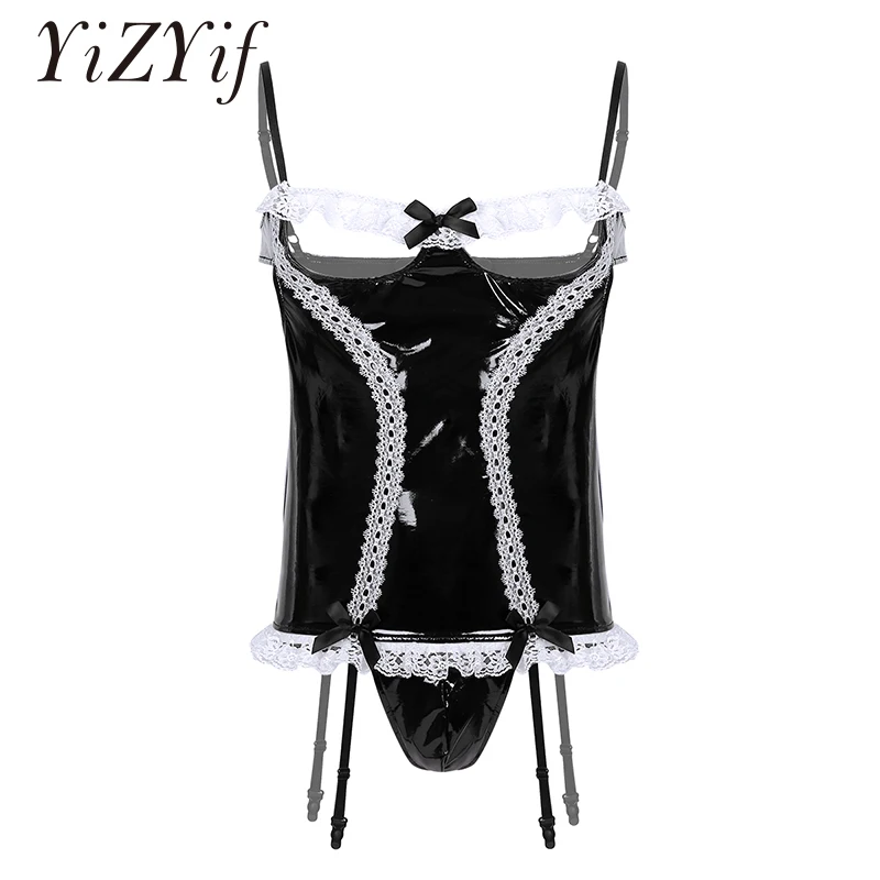 

Men Maid Lingerie Wetlook Patent Leather Adjustable Shoulder Straps and Garters Hollow Out Chest Open Butt Corset with G-string