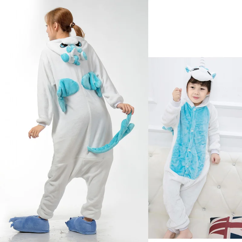 Зимняя одежда для всей семьи на Хэллоуин, Рождественская одежда для детей и взрослых, Женские Фланелевые пижамы с животными, комплект одежды для сна, комбинезон с единорогом кигуруми - Цвет: Blue Unicorn