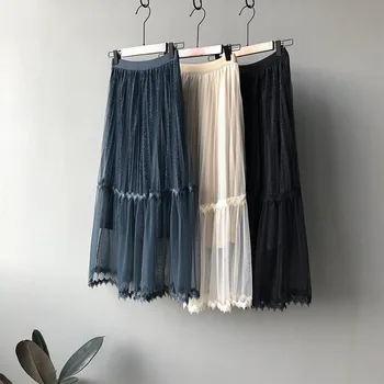 

Lace Patchwork Mesh Long Skirt Women 2020 Spring Summer Starry Sky High Waist Streetwear Vintage Elegant Skirt Bottoms Female