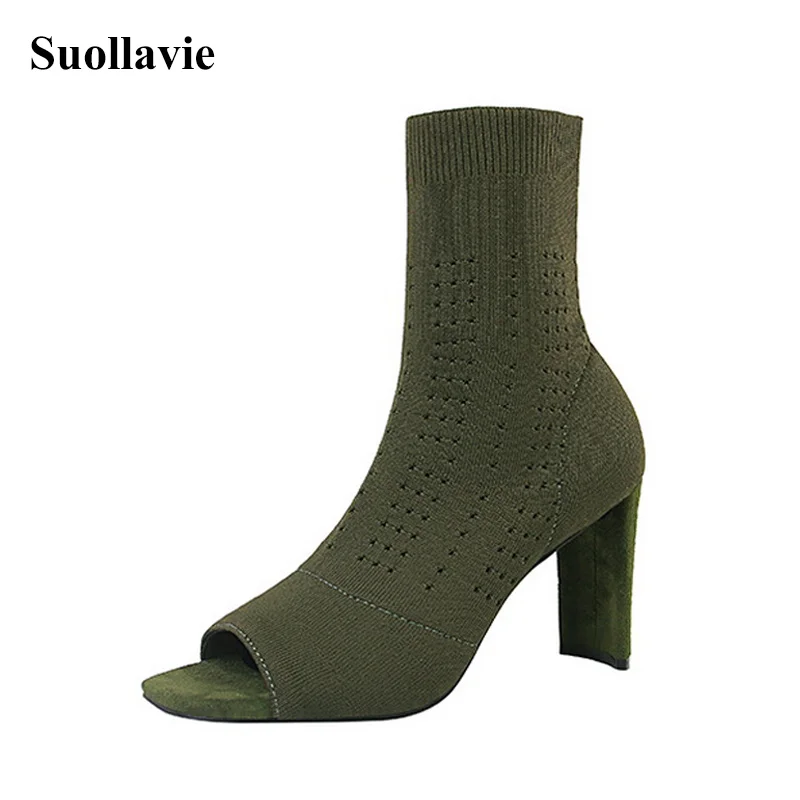 Г. Новые эластичные вязаные носки женские ботинки открытый носок, высокий каблук, без шнуровки, сексуальный Носок, зеленый, черный цвет, ботильоны размер 34-40