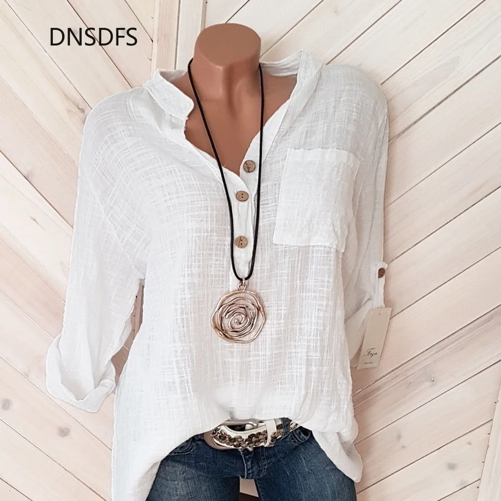 Las nuevas mujeres blusas Primavera de 2020 Camisas Casual de manga larga botón superior sólido suelto, camisa de lino de algodón dama blusa de talla grande 5XL