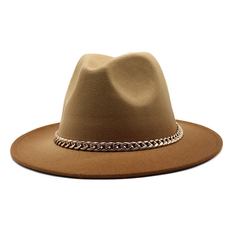 beige fedora hat Fedora hat gradient color European and American gold chain top hat woolen top hat men and women trend felt hat jazz hat 2021 straw fedora