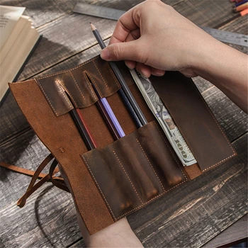 

Pencil Case Genuine Leather Roll Pen Pouch Vintage Roll-Up Pen Curtain Storage Bag