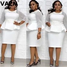 VAZN YWQS379 внешний рынок свежий ясный плюс размер Повседневный взрослый возраст стиль короткий рукав, расшитый бисером эластичный женский тонкий карандаш миди платье