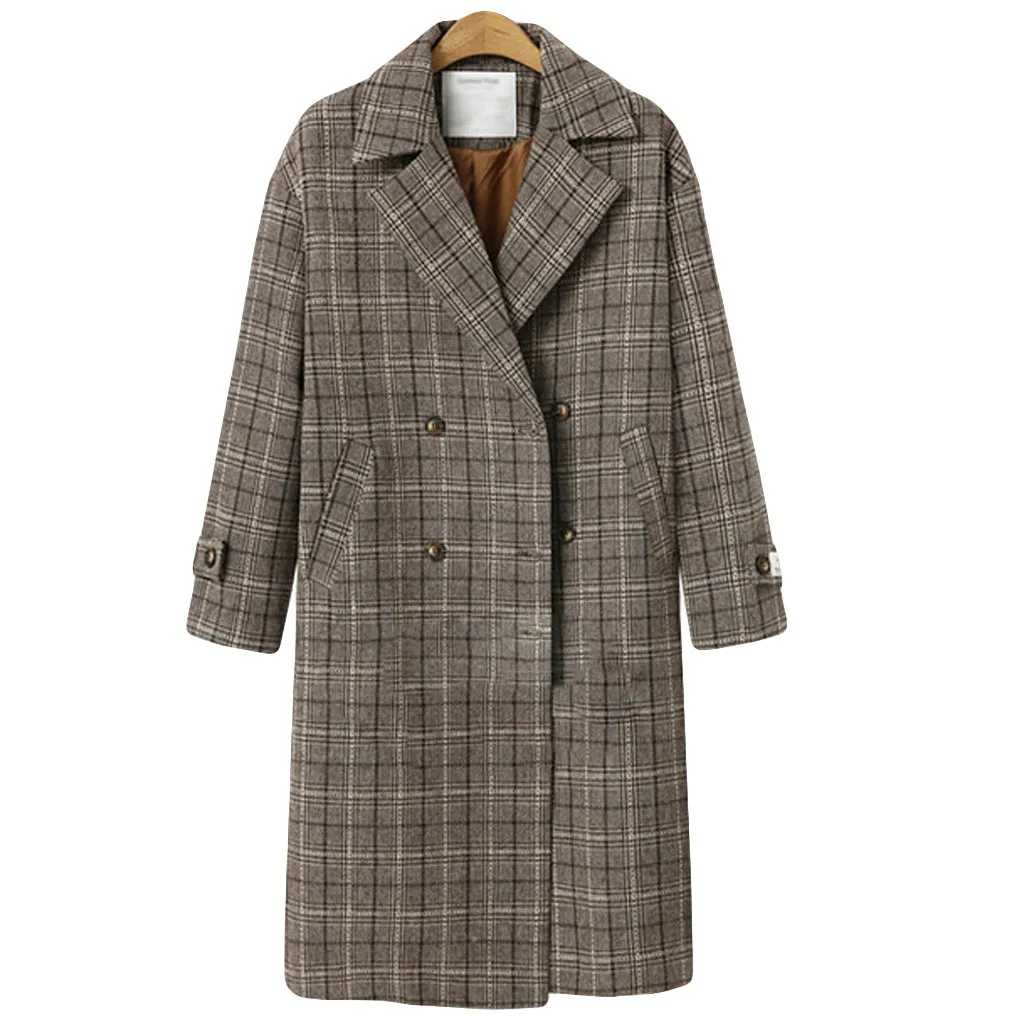 Women Jacket Fashion Woman Plus Size Fashion Women Plaid Double-Breasted Buttoning Long Sleeve Jacket Coat Overcoat#40