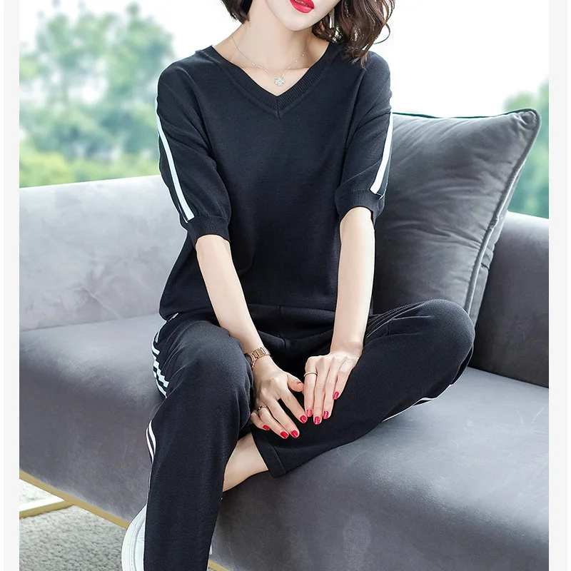 

Sweetheart Neckline Western Style Sports WOMEN'S Suit Summer 2019 Loose-Fit-Style Half Sleeve T-shirt Knitted Piece Fashion