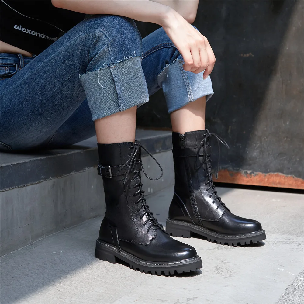 Full genuine leather lace up med heels punk superstar equestrian knee high boots buckle fasteners plus size 34-43 YT12 MUYISEXI