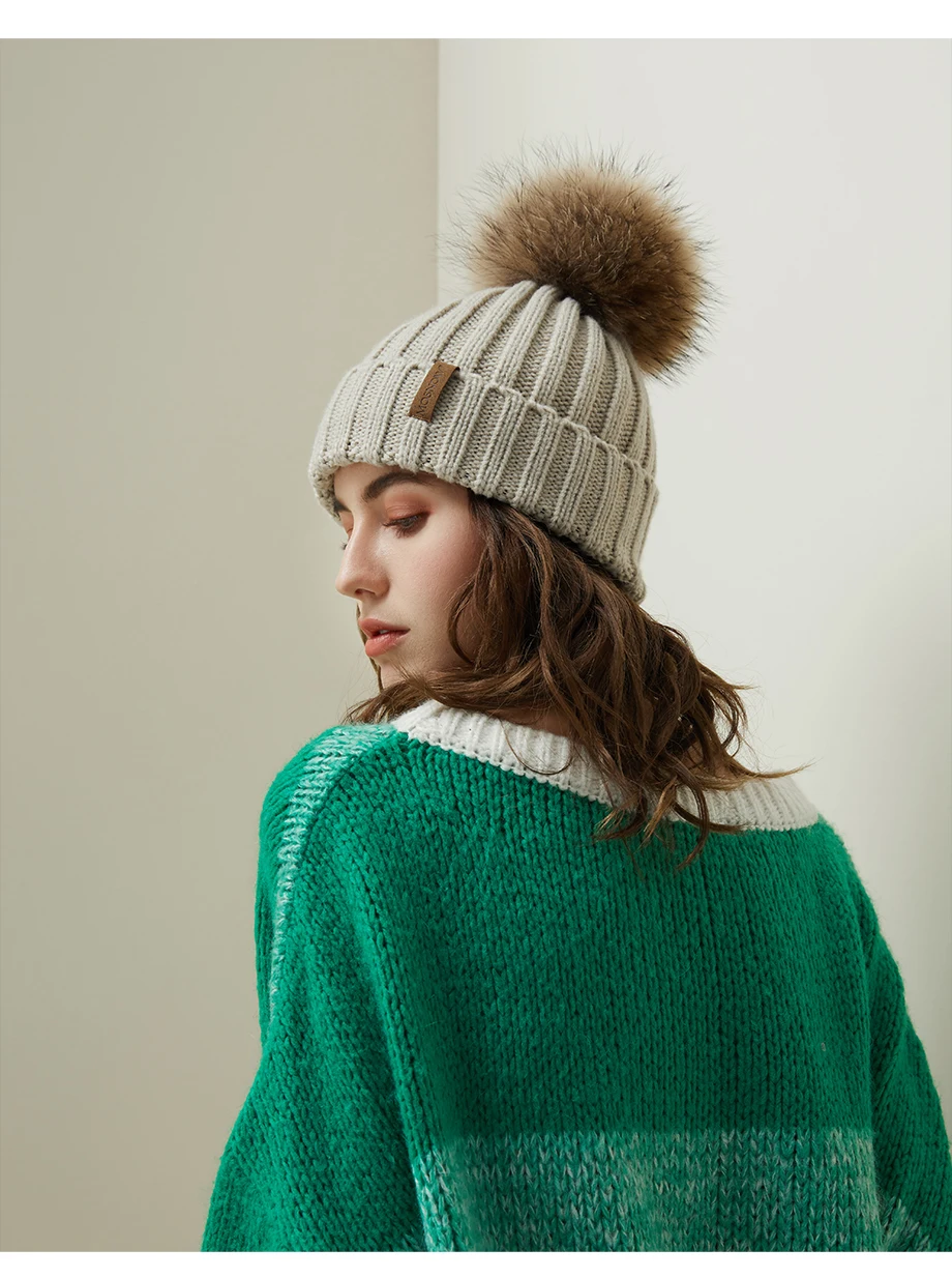 Pom Poms Beanies, зимняя шапка для женщин, Вязаная хлопковая Толстая шапка с натуральным мехом енота, новинка, модная теплая шапка