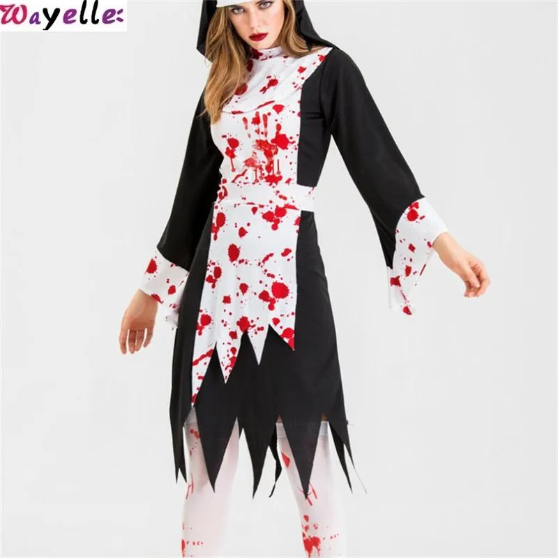 Хеллоуин ужас кровавый костюм зомби косплей женский день рождения Хэллоуин почернение монашки играть праздничная одежда