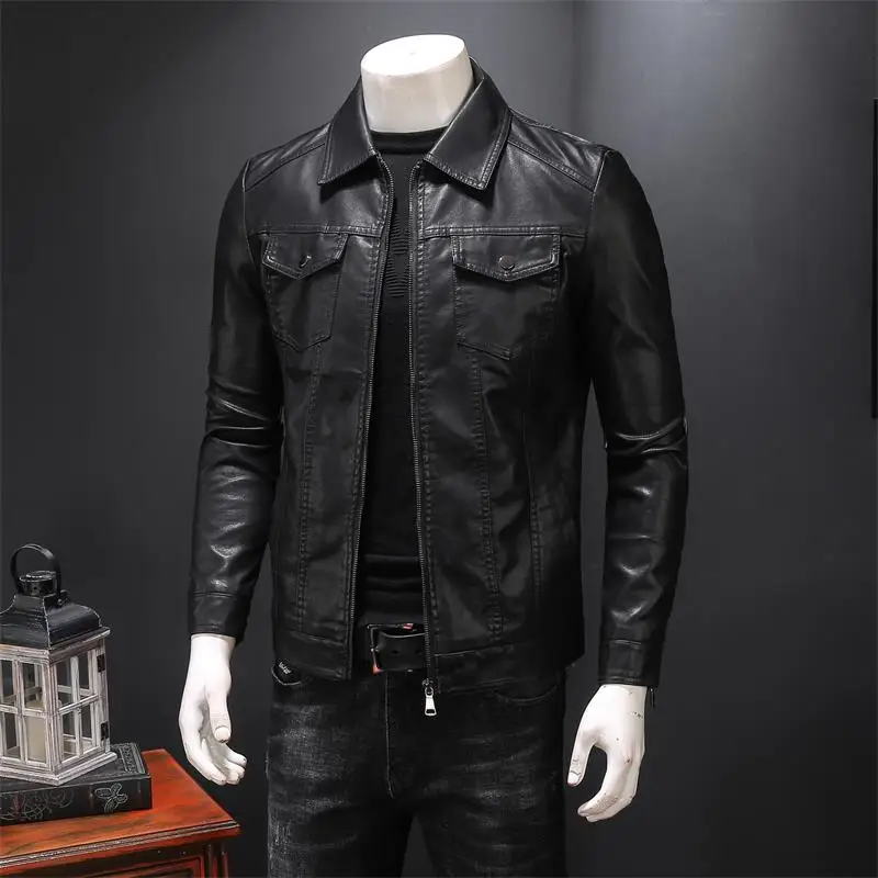 Los hombres de cuero de 2021 chaqueta nueva primavera y otoño piel de oveja Slim bolsillo hombre chaqueta de cuero moto adolescente negro 901