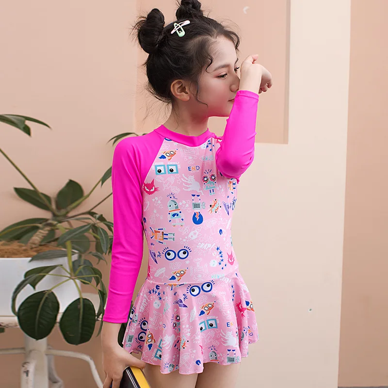 

2021 New Summer Uv Protection Long Sleeve One Piece Swimsuit for Girls Sweet Pink Skirt Toddler Girl Bathing Suit Surfing Suit