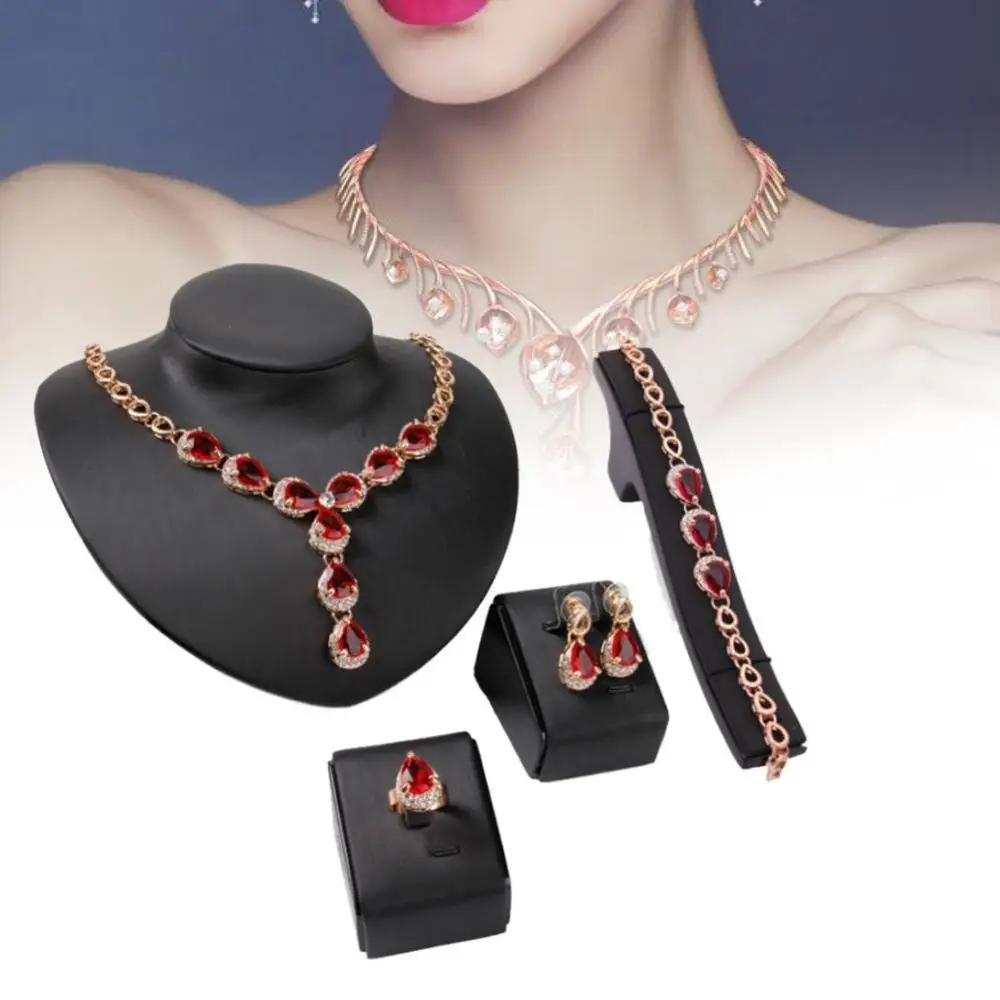 4Pcs Red Crystal Jewellery Water Drop Dangle Necklaces Bracelet For Women Party | Украшения и аксессуары